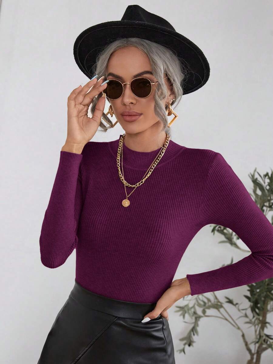 SHEIN Clasi 女士圆领长袖简约休闲毛衣上衣 - 中紫紅色 - 查看 1