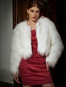 Eilly Bazar Solid Open Front Fuzzy Coat - White - View 4