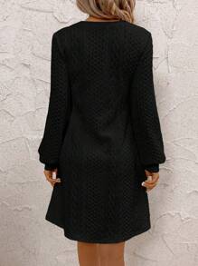 SHEIN Clasi 女士纯色 V 领长袖简约短款休闲连衣裙 - 黑色 - 查看 2