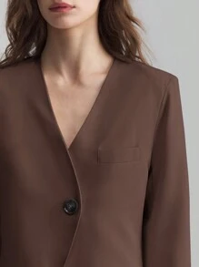 Ontre Black V-Neck Single-Breasted Fitted Blazer - Brown - View 5