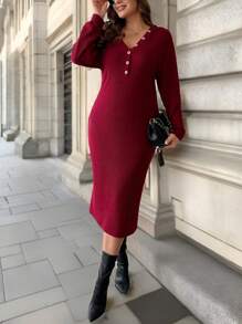 SHEIN LUNE Vestido elegante de manga larga con botones y textura estriada de unicolor para mujer talla grande, otoño