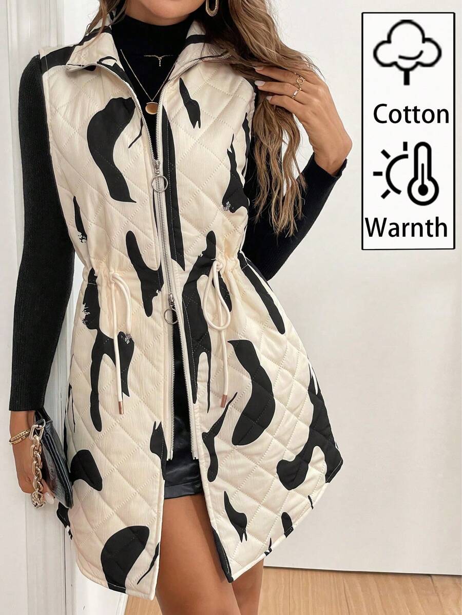 Chiquease Manteau matelassé sans manches avec cordon de serrage à la taille et devant ouvert, pour l'hiver - Beige - Voir 1