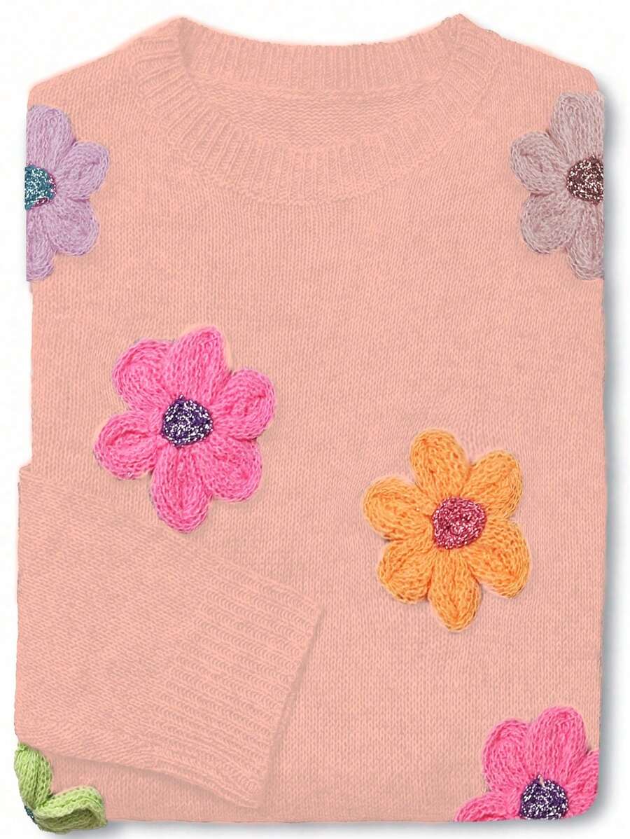 Chiquease Colorful 3D Floral Decor Loose Casual Crew Neck Sweater, Cute & Soft Style For Autumn/Winter Knit Pullover Fall - Baby Pink - View 1