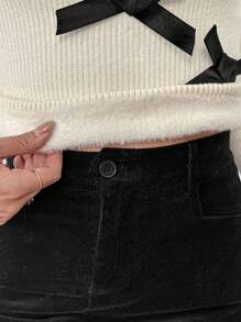 Chiquease Áo len nữ mùa thu/đông mới, kiểu dáng dễ thương, có nơ trang trí, ôm sát, giữ ấm, lót lông, cổ cao, tay dài, thích hợp mặc trong nhà. - Màu be - Xem 6