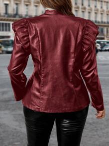 SHEIN Clasi Plus Size Women Casual Solid Color Layered Ruffle Trim Zip Up Coat, Winter - Burgundy - View 2