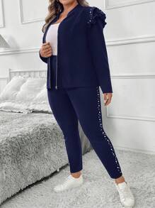 SHEIN Clasi 2 件套女士加大码优雅黑色长袖夹克配珍珠装饰和珍珠装饰裤子，适合派对和日常穿着，秋冬 - 藏蓝色 - 查看 3