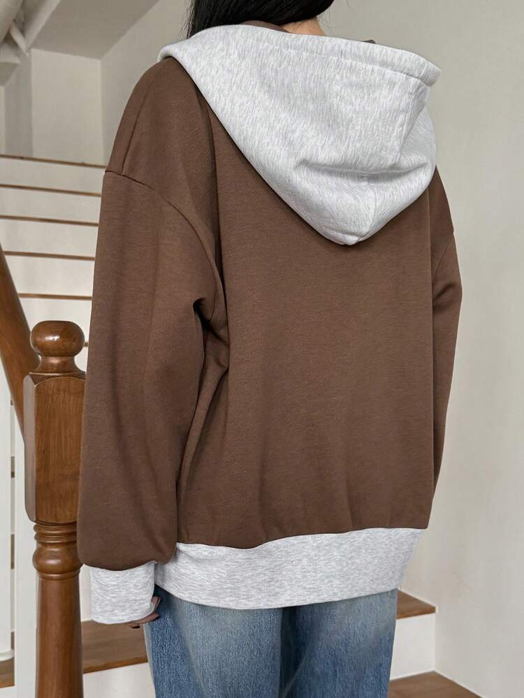 Contrast Panel Hoodie With Thermal Lined For Women,Fall Women Clothes Sweatshirt Zip Up
