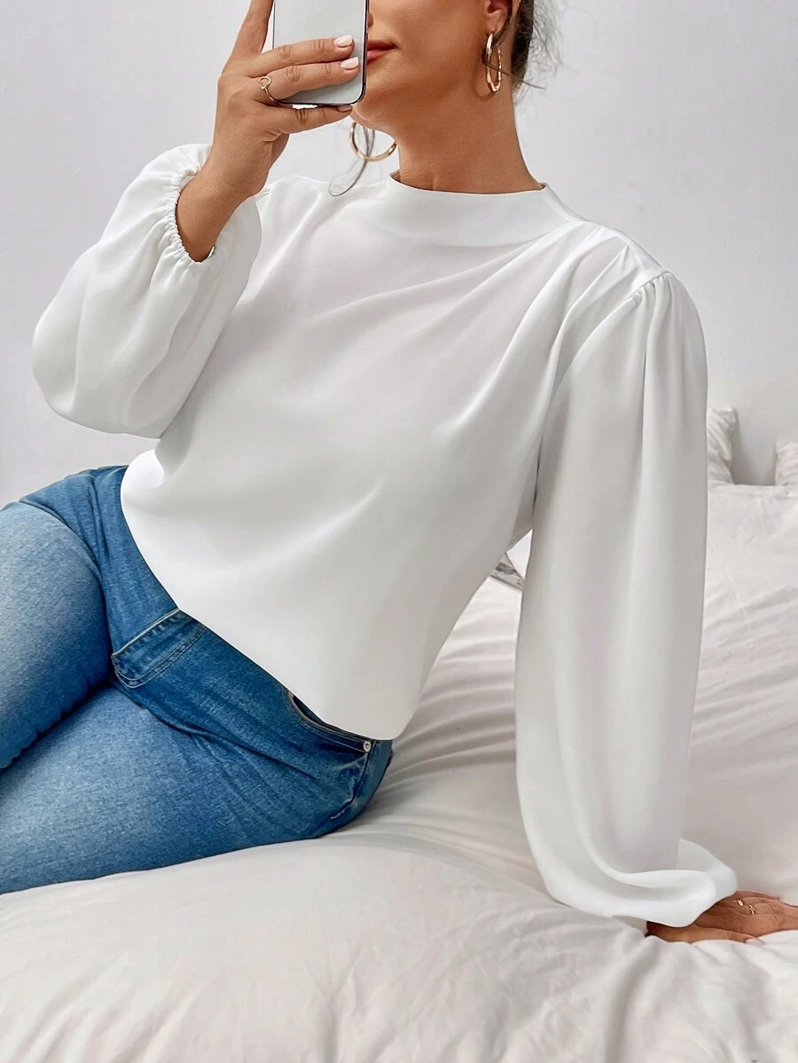 SHEIN Privé 大码女式优雅褶皱领褶肩长袖泡泡袖衬衫,适合工作和办公室穿着,秋冬季 - 白色 - 查看 1
