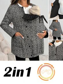 SHEIN Maternity 2-In-1 Plush Ditsy Floral Hooded Long Sleeve Coat, Winter Outerwear, Outerwear, Fall - Black - View 1