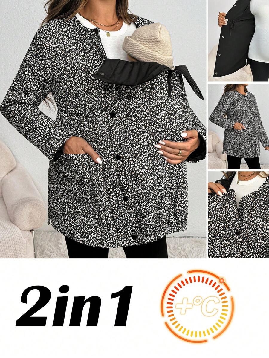 SHEIN Maternity 2-In-1 Plush Ditsy Floral Hooded Long Sleeve Coat, Winter Outerwear, Outerwear, Fall - Black - View 1