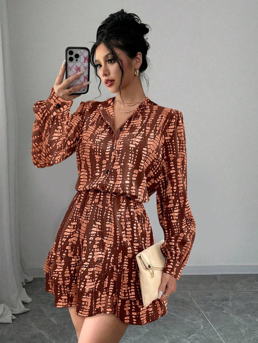 Chiquease Women's Autum Stand Collar Tie Waist Puff Sleeve Ruffle Hem Short Dress - Multicolor - View 1