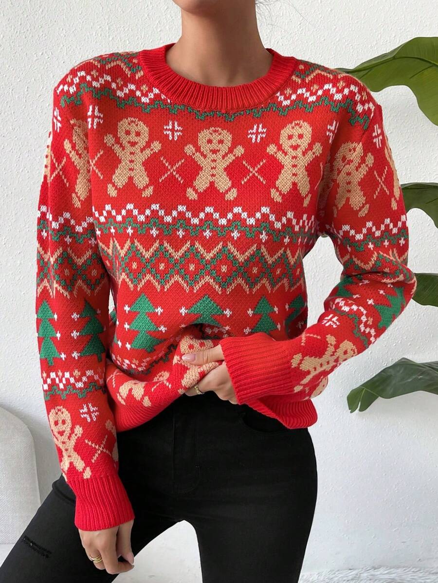 Chiquease 1 件女式姜饼人几何印花长袖休闲毛衣，秋冬季新年衣服 - 紅色 - 查看 1