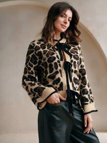 Anewsta 女式长袖欧式法式豹纹蝴蝶结开衫，秋冬