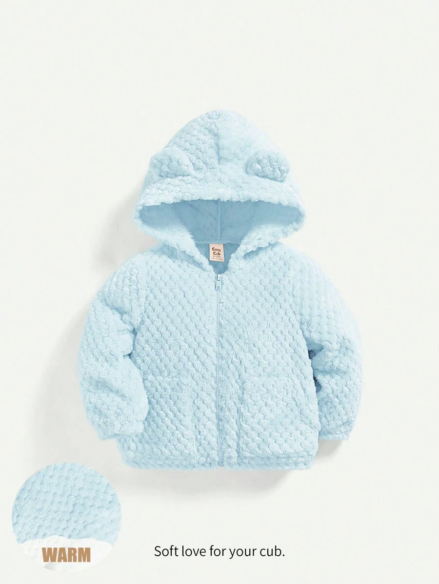 Cozy Pixies Baby Girl Solid Color Hooded Thick Fleece Jacket - Blue - View 1