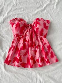 Soleia Damski wakacyjny romantyczny motyl nadruk twist węzeł królik uszy ozdoba bandeau top, linia A, na imprezę, Boże Narodzenie, jesień/zima