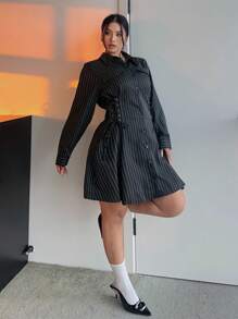 Flirla Vestido camisa de rayas negras y blancas talla grande, cintura ajustable, informal y elegante