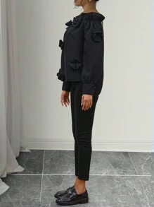 Chiquease Bluzka z odkrytymi ramionami, falbanką i kwiatowym wzorem 3D na jesień/zimę 2024 r., z odkrytymi ramionami, jesienna tkanina dla kobiet