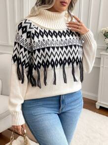 Calvaya 大码女式厚针织套头毛衣，撞色设计，流苏肩部，休闲高领套头衫，适合秋冬季穿着。 - 黑與白 - 查看 5