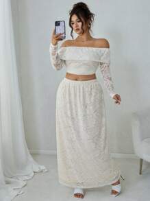 Flirla 2pcs/Set Plus Size Elegant Off Shoulder Cropped Top And Skirt, Autumn - White - View 4