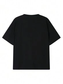 SHEIN 1pc Teen Boys' Casual Street Style Cool Printed Black Knitted Short Sleeve T-Shirt, Suitable For Summer Outings