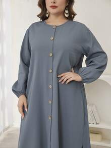 Lacomfia Bộ 2 món/Bộ quần áo vest và áo khoác kết cấu tay đèn lồng rộng rãi cỡ lớn cài nút phía trước, mùa thu - Màu xanh bụi bặm - Xem 4