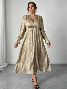 SHEIN Unity Gaun Lengan Panjang Elegan Model Lilitan Leher V Polos Ukuran Plus - Emas - View 3