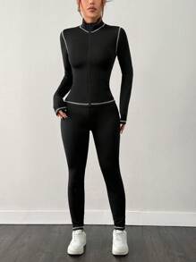 SHEIN EZwear Bộ quần áo bó cổ đứng thêu họa tiết tương phản màu đen tập yoga thể thao cho nữ và quần legging - màu đen - Xem 3