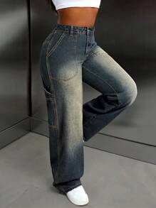 SHEIN Slayr Women's Casual Loose Fit Straight Leg Jeans With Large Pockets - Blue - View 3