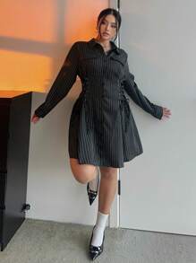 Flirla Vestido camisa de rayas negras y blancas talla grande, cintura ajustable, informal y elegante