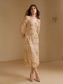 Anewsta Elegant Handmade 3D Floral Women Long Dress, Suitable For Party, New Year Eve And New Year Celebration - Apricot - View 6