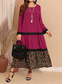EMERY ROSE Plus Size Women Leopard Print Round Neck Color Block Trim Long Sleeve Dress,Winter Clothes For Women - Burgundy - View 1