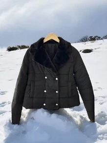 Chiquease Casaco Acolchoado Curto de Manga Longa com Bolso de Botão Felpudo em Estilo de Retalhos de Cor Sólida, Roupas de Inverno