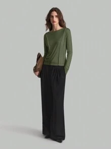 Ontre Women's Crew Neck Long Sleeve Cream Beige Casual Top, Autumn/Winter Back To School Basic Top - Army Green - View 3
