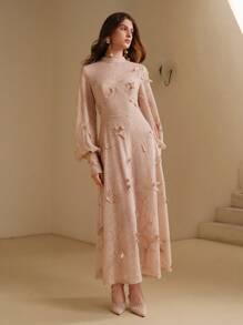 Anewsta Vintage Elegant Hollow Lace Embroidered Butterfly Round Neck Lantern Sleeve Tiered Waist Midi Dress, Autumn Maxi Women Outfit