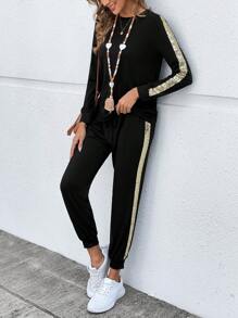 EMERY ROSE Two Pieces Fall Outfits ,Knit Sparkly Patchwork Crew Neck Long Sleeve Sweatshirt & Jogger Pants Casual Set