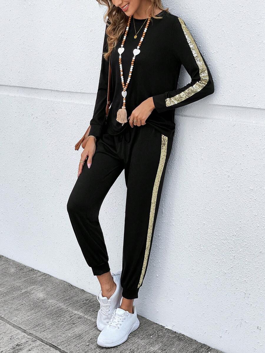 EMERY ROSE Two Pieces Fall Outfits ,Knit Sparkly Patchwork Crew Neck Long Sleeve Sweatshirt & Jogger Pants Casual Set