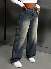 SHEIN Slayr Women's Casual Loose Fit Straight Leg Jeans With Large Pockets - Blue - View 8