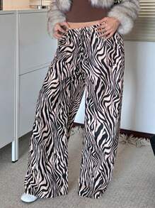 Aloruh Women Zebra Print Elastic Waist Front Tie Decoration Loose Wide Leg Pants - Black - View 7