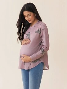 SHEIN Maternity Casual Oversized Drop Shoulder Leopard Print Long Sleeve T-Shirt, Print T-Shirt, Autumn - Brown - View 1