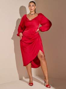 SHEIN BAE 大码秋季优雅女式黑色缎面裹身交叉褶皱灯笼袖长袖中长连衣裙秋季婚礼宾客礼服返校节礼服 - 紅色 - 查看 1