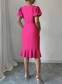 Elenzga Women's Solid Color Round Neck Short Sleeve Ruched Casual Midi Dress - Hot Pink - View 2