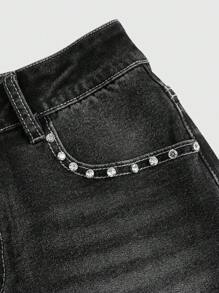 ROMWE Grunge Punk Y2K Style Cross Embroidered & Rhinestone Decor Extremely Low Rise Mini Denim Shorts For Women - Black - View 3