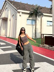 SHEIN Teen Girl Solid Color Ribbed Cami Top And Ruched Wide Leg Pants Casual 2 Pieces Set - Grey - View 4