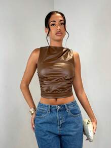 SHEIN BAE Women Plain Crew Neck Sleeveless Pleated Casual Tank Top - Mocha Brown - View 5