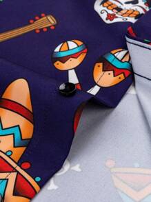 Manfinity EZcore 男士夏季休闲万圣节印花衬衫，万圣节骷髅/骷髅图案短袖衬衫，万圣节男士衬衫，白色纽扣衬衫 - 彩色 - 查看 3