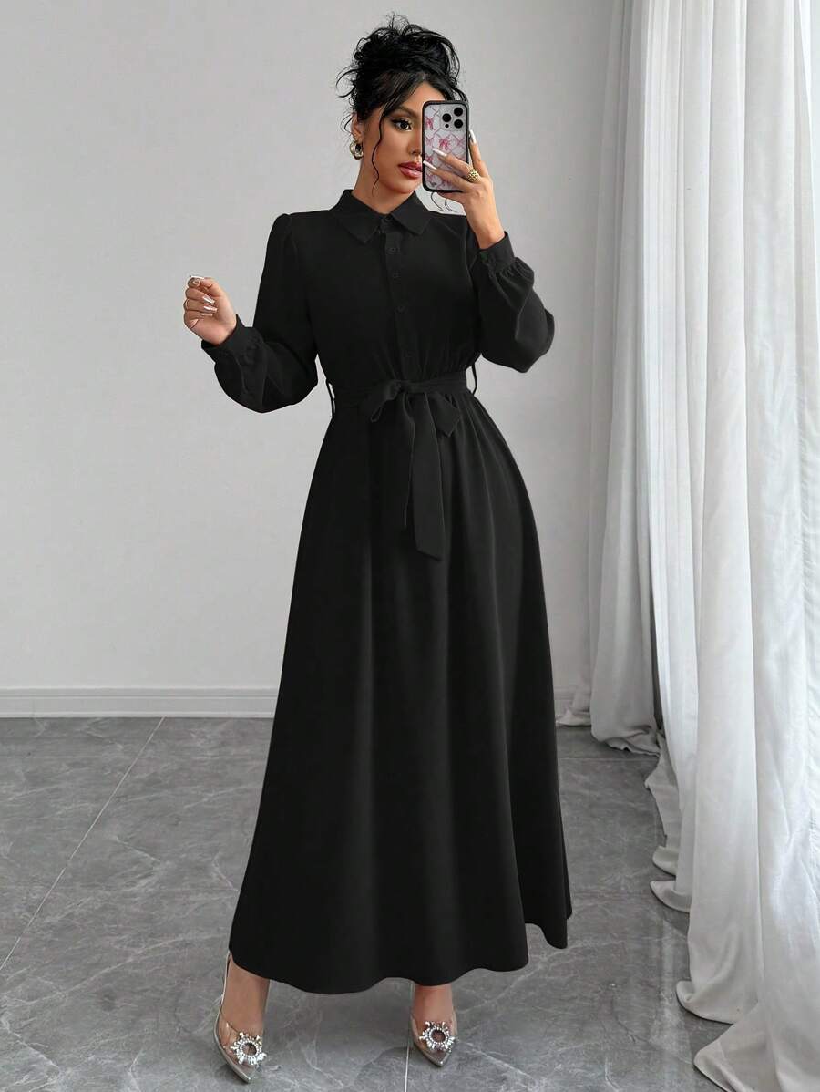 Selianne Women's Elegant Fashion Career-Wear Long Sleeve Standing Collar Cinched Waist Bowknot Belt Solid Color Dress Fall Cloth For Women - Black - View 1