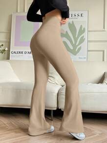 SHEIN EZwear 休闲简约纯色交叉 V 形腰带喇叭裤 - 卡其色 - 查看 2
