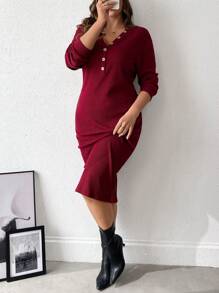 SHEIN LUNE Vestido elegante de manga larga con botones y textura estriada de unicolor para mujer talla grande, otoño