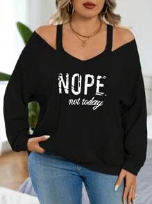 Nubod Plus V-Neck Design Cold Shoulder Graphic Printed Long Sleeve Elegant Minimalist Sweatshirt Graduation,Back To School,Teacher Pullover Fall Winter Autumn