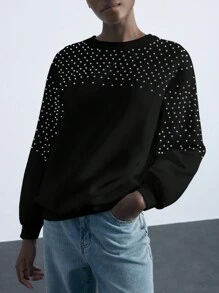 SHEIN Maija Women's Autumn Rhinestone Embellished Round Neck Drop Shoulder Casual Sweatshirt